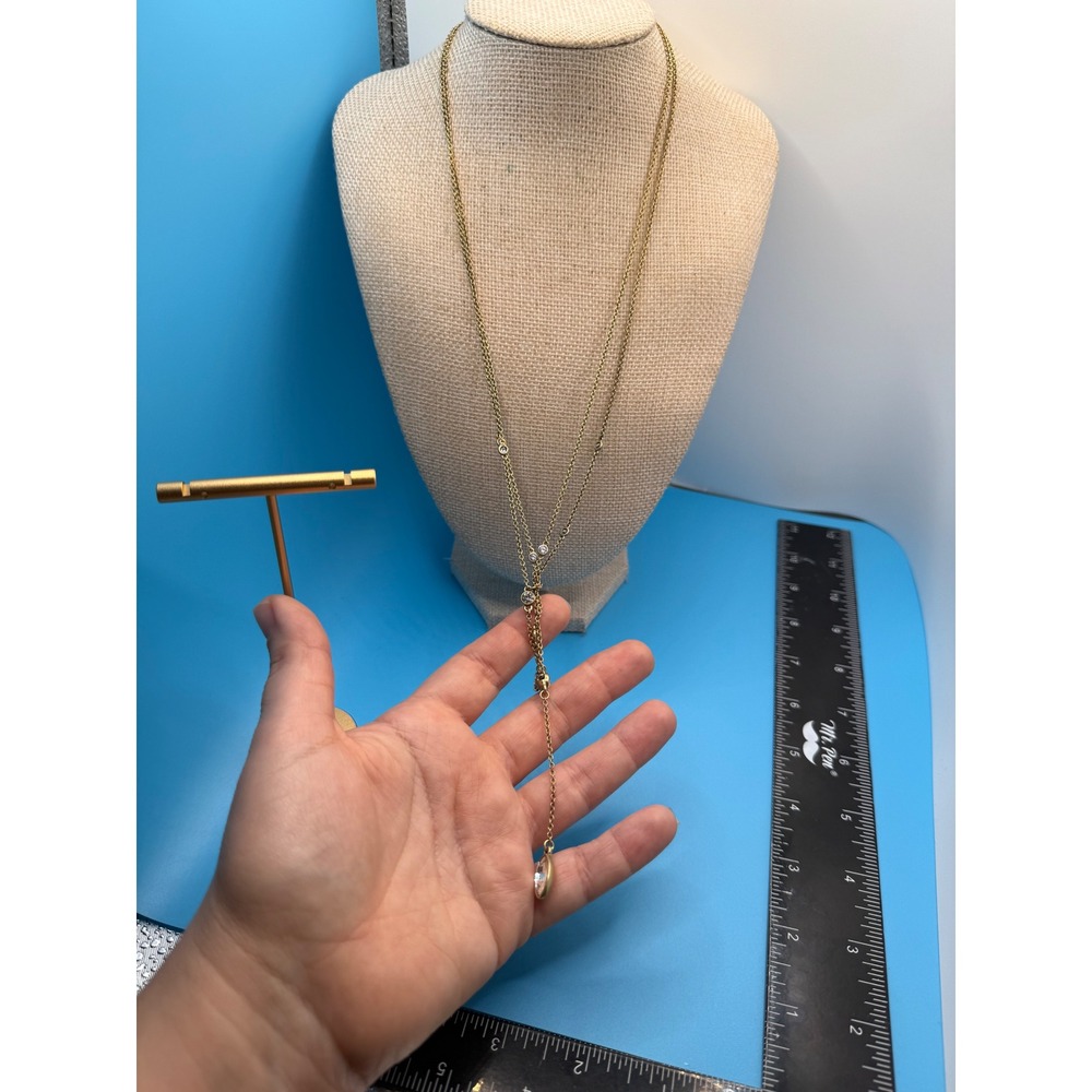 J.Crew Gold Tone Double Strand Crystal Lariat Y-Necklace Teardrop Pendant